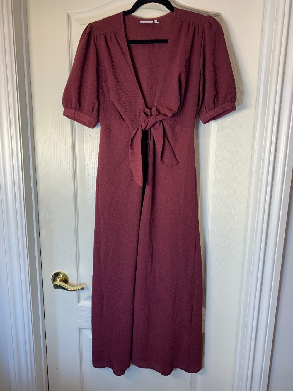 ASOS Burgundy Tie-Front Button-Front Maxi Dress, Puff Sleeves, US 2 Feminine